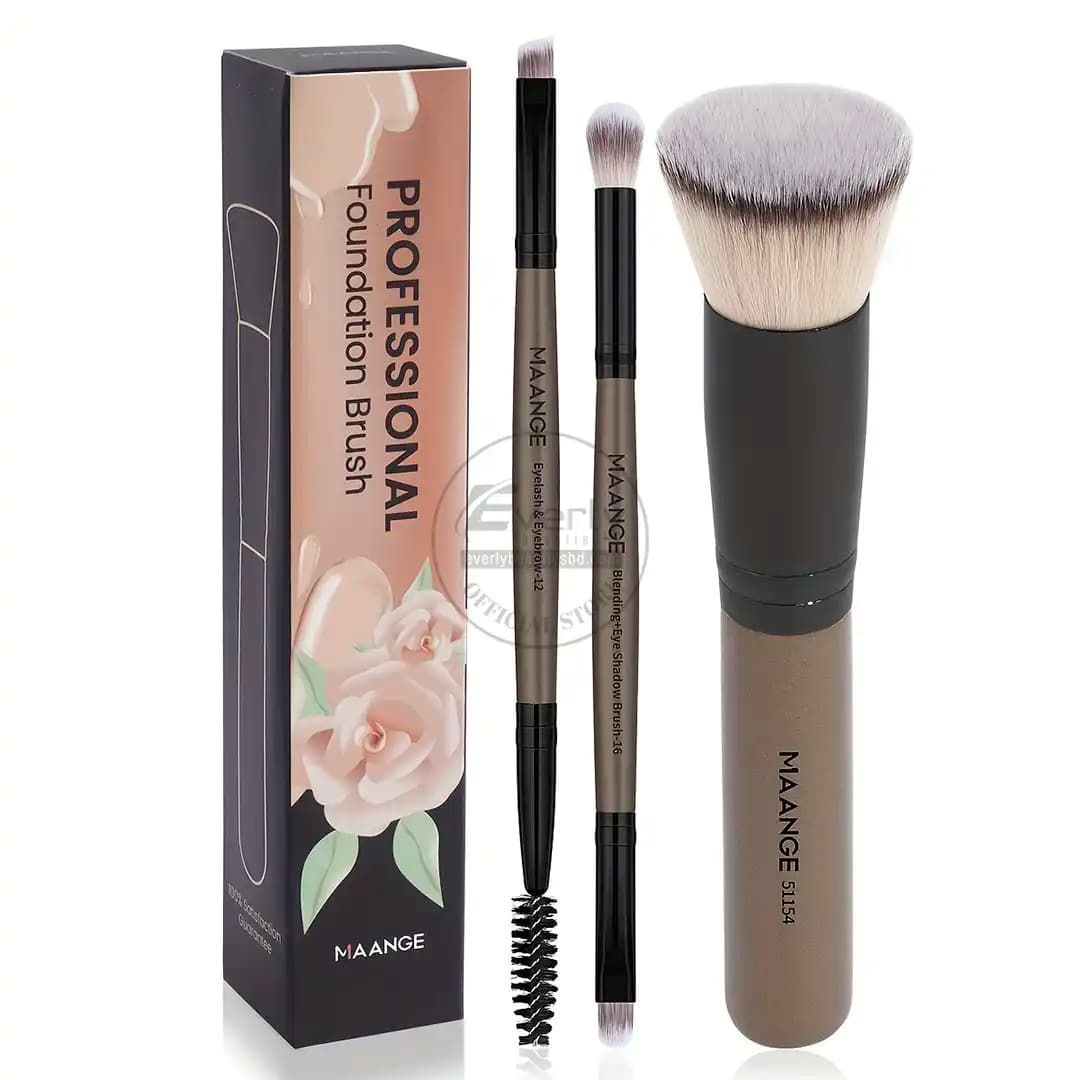 MAANGE Professional 3pcs Foundation, Eye & Eyebrow Makeup Brush Set - Brown