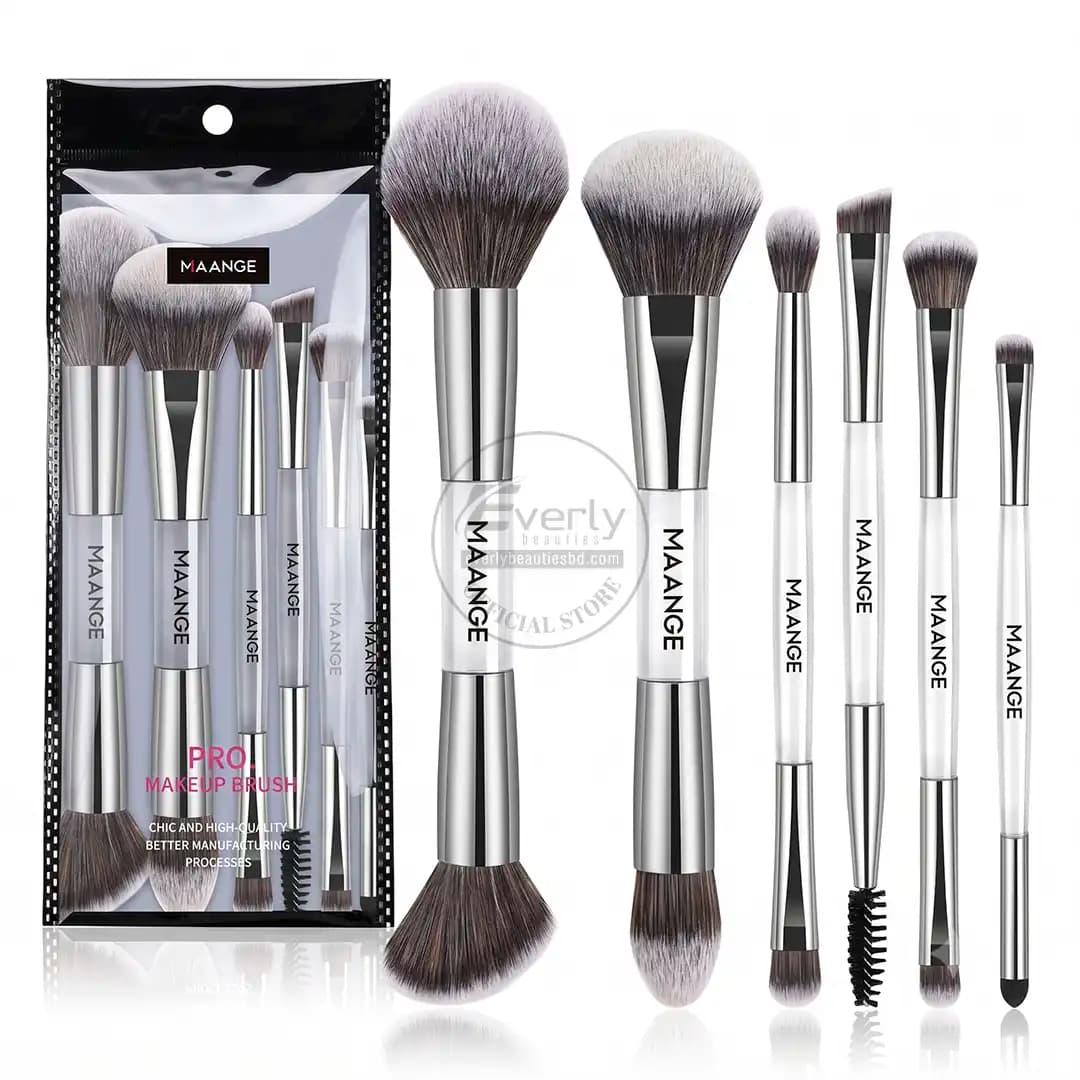 MAANGE 6pcs Double-Ended Professional Makeup Brush Set - White & Silver